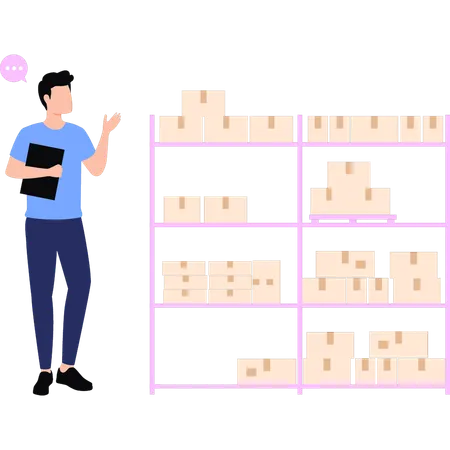 Boy checking cartons in rack  Illustration