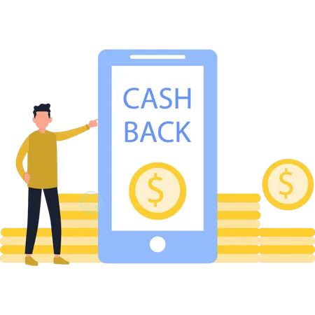 Boy Checking Cashback On Mobile Illustration