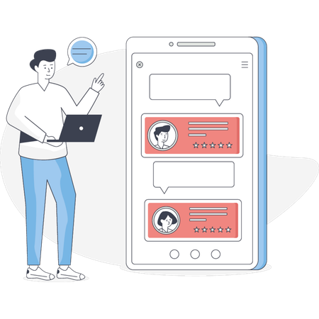 Boy checking customer reviews  Illustration