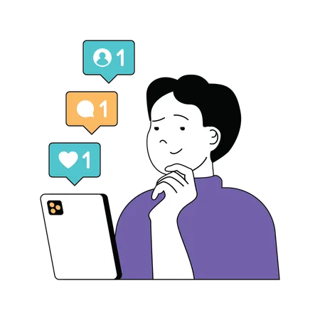 Boy checking likes and comments  Illustration