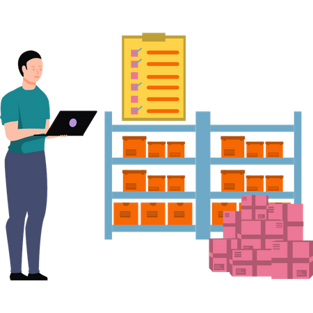 Boy checking products in rack  Illustration
