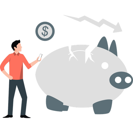 Boy checking saving money in piggy bank  Illustration