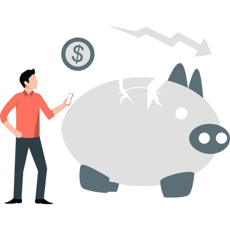 Boy checking saving money in piggy bank  Illustration