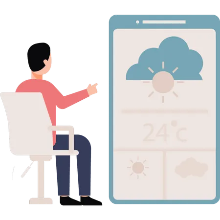 Boy checking weather forecast on mobile  Illustration