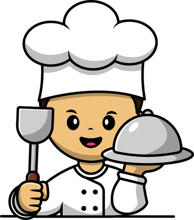 Boy chef holding spatula and cloche food  Illustration