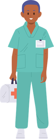 Boy child paramedic holding medical first aid kit box  Illustration