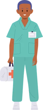 Boy child paramedic holding medical first aid kit box  Illustration