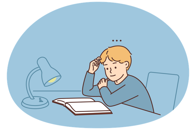 Boy child sit at desk reading book  Illustration
