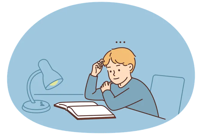 Boy child sit at desk reading book  Illustration