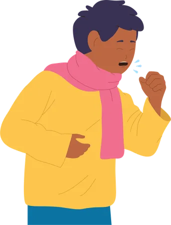 Boy child with scarf wrapped around neck suffering from strong cough  Illustration