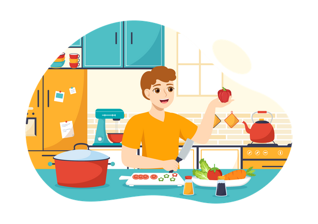 Boy chopping in kitchen  Illustration