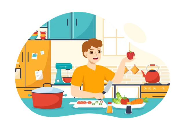 Boy chopping in kitchen  Illustration