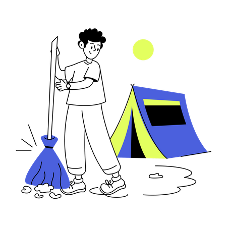 Boy cleaning campsite using broom stick  Illustration