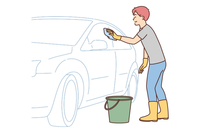 Boy cleaning car Illustration