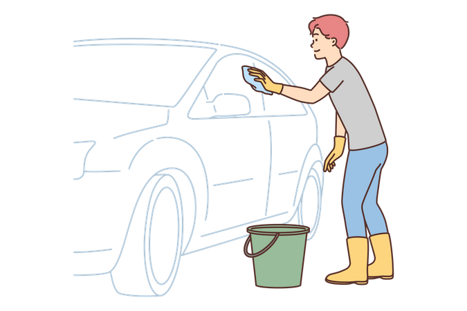 Boy cleaning car  Illustration