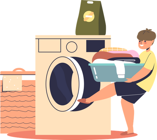 Boy cleaning clothes in washing machine  Illustration