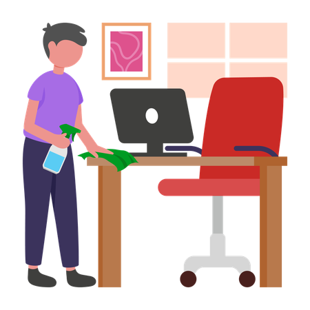 Boy cleaning desk space  Illustration