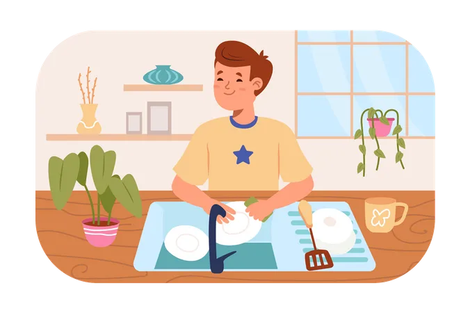 Boy cleaning dish in basin  Illustration