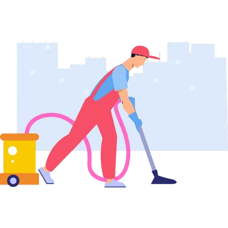 Boy cleaning floor using vacuum machine  Illustration