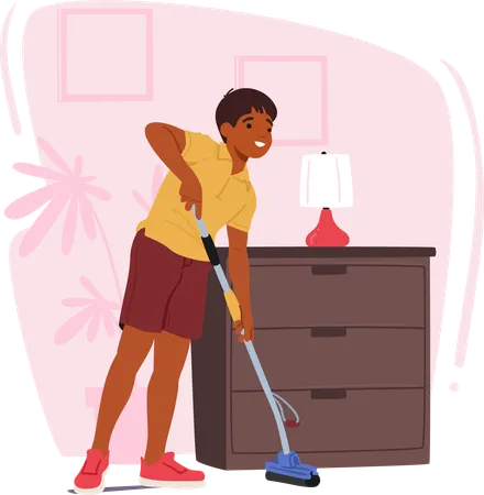 Boy cleaning floor with broom  Illustration