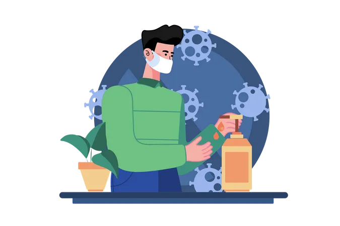 Boy cleaning hand with sanitizer  Illustration