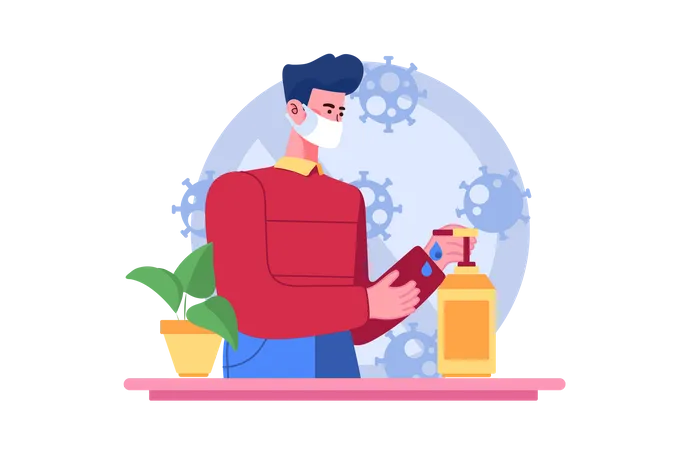 Boy cleaning hand with sanitizer  Illustration