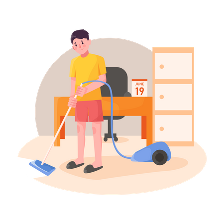 Boy cleaning house with vacuum cleaner Illustration