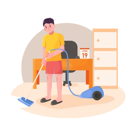 Boy cleaning house with vacuum cleaner  Illustration