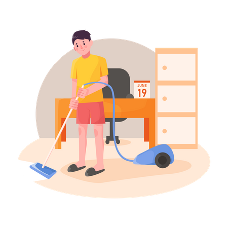 Boy cleaning house with vacuum cleaner  Illustration