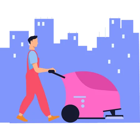 Boy cleaning road with cleaner machine  Illustration