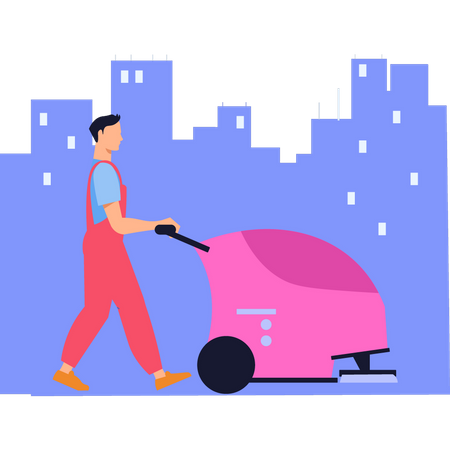 Boy cleaning road with cleaner machine  Illustration