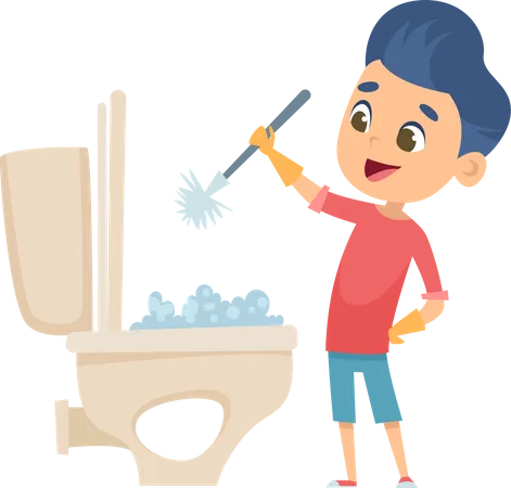 Boy cleaning toilet  イラスト