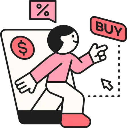 Boy click on buy while doing online shopping  Illustration