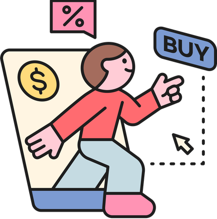 Boy click on buy while doing online shopping  Illustration