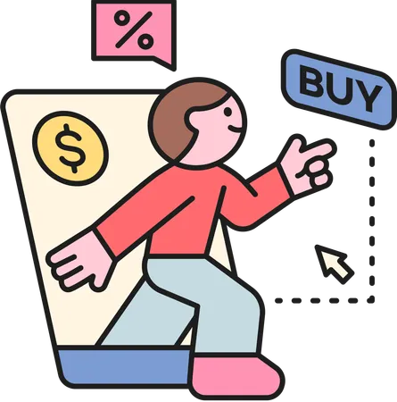 Boy click on buy while doing online shopping  Illustration