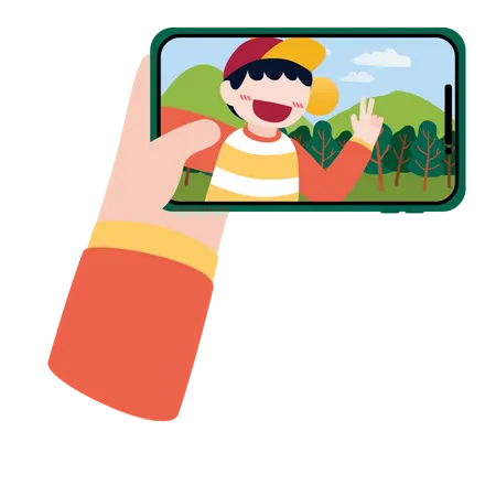 Boy clicking selfie while travelling  Illustration