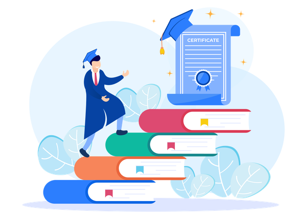 Boy Climbing On Books To Complete Graduation  Illustration