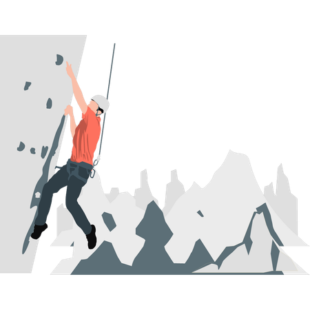 Boy climbing rock with help of rope  Illustration