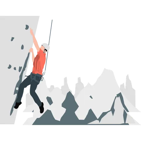 Boy climbing rock with help of rope  Illustration