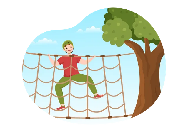 Boy climbing rope spider net Illustration