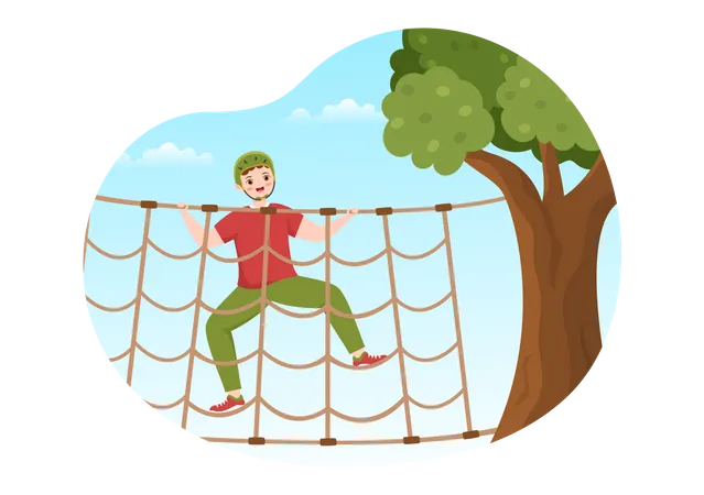 Boy climbing rope spider net  Illustration