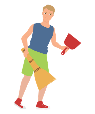 Boy collecting dust using broomstick  Illustration
