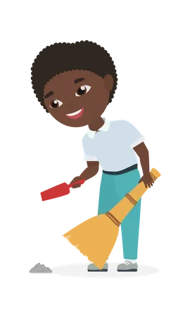 Boy collecting dust using broomstick  Illustration