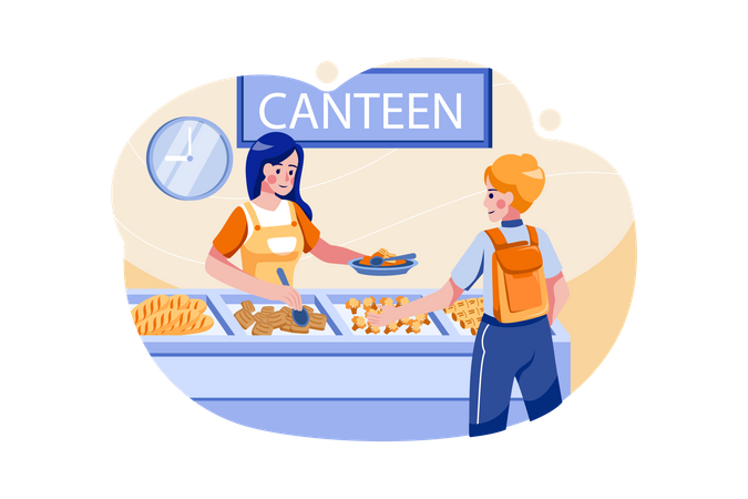 Boy Collecting Food From School Food Canteen  Illustration