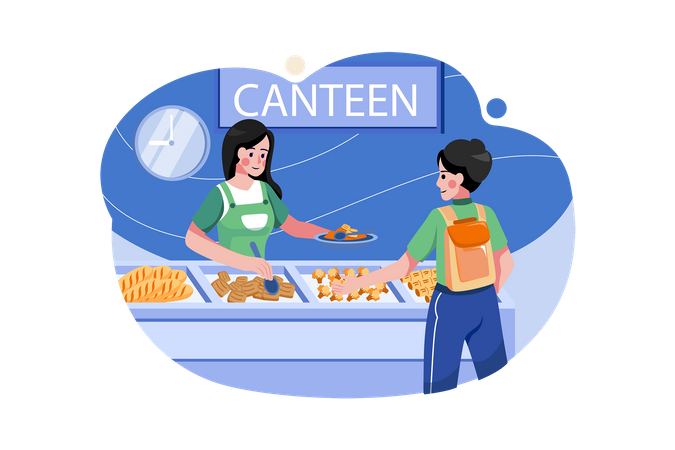 Boy Collecting Food From School Food Canteen  Illustration