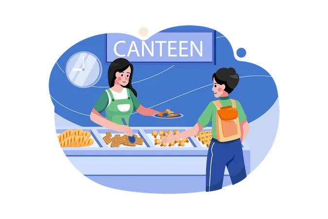 Boy Collecting Food From School Food Canteen  Illustration