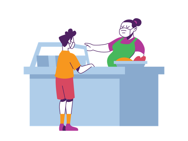 Boy collecting food from school food canteen  Illustration