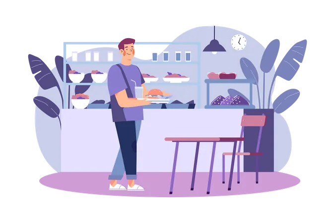 Boy Collecting Food From School Food Canteen Illustration