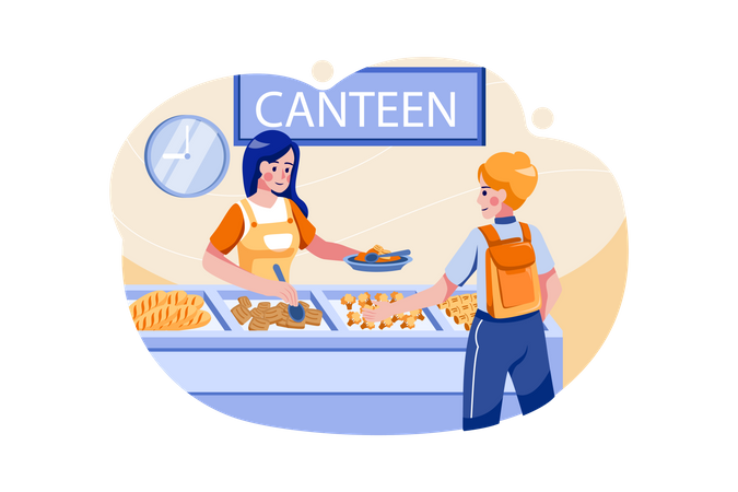 Boy Collecting Food From School Food Canteen Illustration