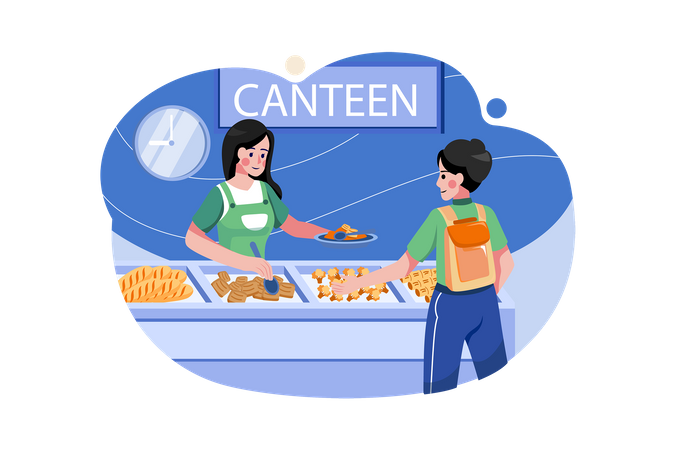 Boy Collecting Food From School Food Canteen  Illustration
